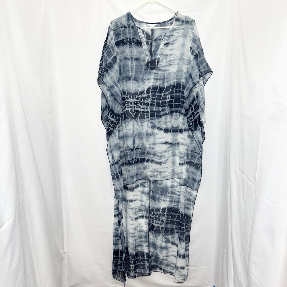Elan Beach Sheer Blue Batik Butterfly Kaftan Swim Cover M Ethereal Flowy‎ Boho